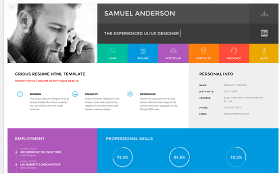 Bootstrap theme Gridus - vCard / CV Resume / Portfolio